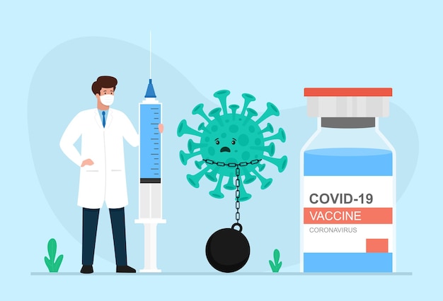 Coronavirus-Impfstoff Arztcharakter mit riesigen Spritzen zum Injizieren und Impfstoffflasche covid19