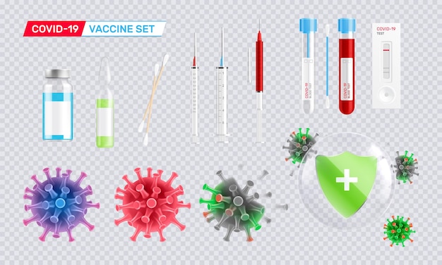 Coronavirus-impfstoff realistischer satz isolierter symbole auf transparentem hintergrund mit spritzenreagenzgläsern und virenvektorillustration