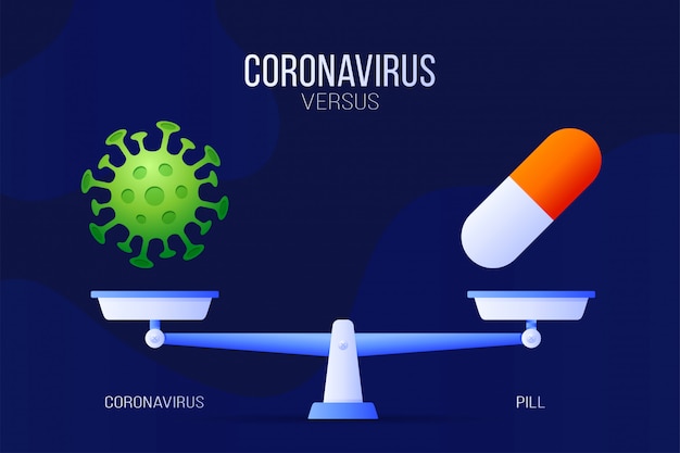 Coronavirus oder medizinische pille illustration. kreatives konzept von skalen und versus. auf der einen seite der skala befindet sich ein virus-covid-19 und auf der anderen seite das pillen-symbol. flache illustration.