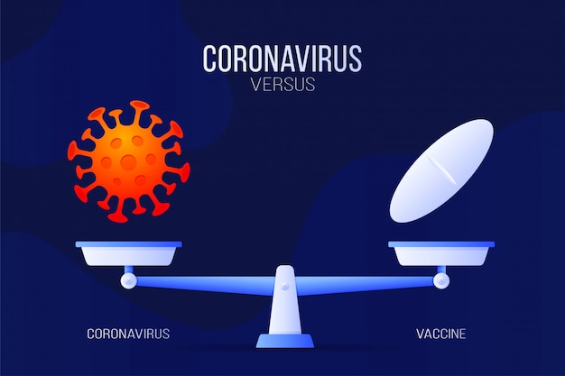 Coronavirus oder medizinische pille illustration. kreatives konzept von skalen und versus. auf der einen seite der skala befindet sich ein virus-covid-19 und auf der anderen seite das pillen-symbol. flache illustration.