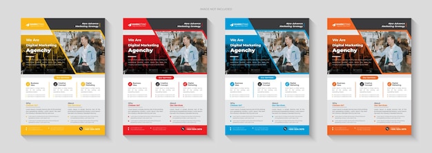 Corporate business flyer template design set mit blauer, oranger, roter und gelber farbe. marketing,