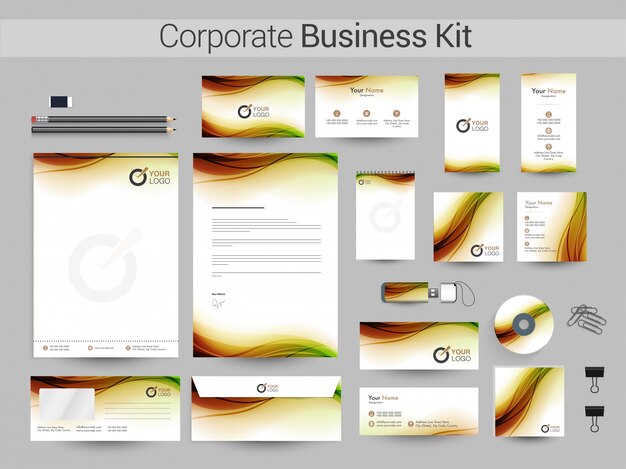 Corporate business kit mit abstrakten wellen.