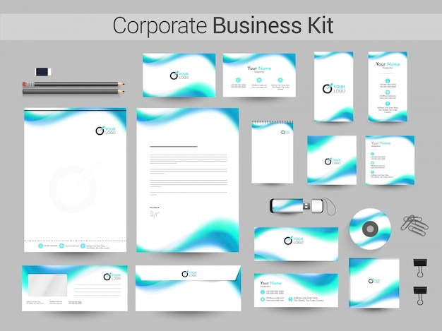 Corporate business kit mit blauen wellen.