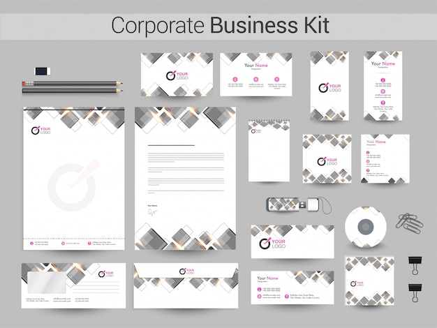 Corporate business kit mit grauen quadraten.