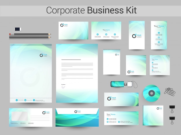 Corporate identity kit mit abstrakten welligen streifen.