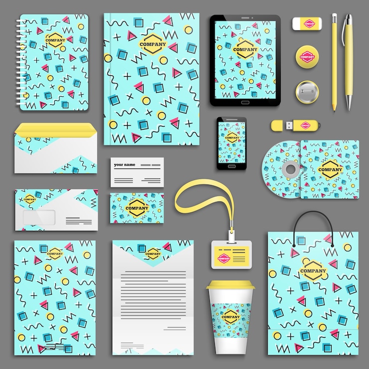 Vektor corporate identity template set. geschäftsbriefpapier mit logo. branding-design. buntes geometrisches design von memphis