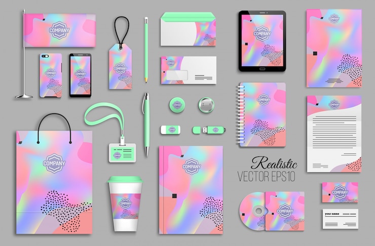 Vektor corporate identity template set mit abstrakten bunten holographischen hintergrund. geschäftsbriefpapiermodell mit logo. kreatives trendiges branding-design