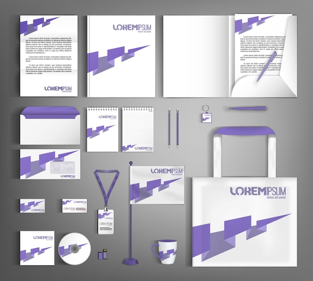 Corporate-identity-vorlage für weißes design mit violettem pfeil briefpapierset für das branding von unternehmen