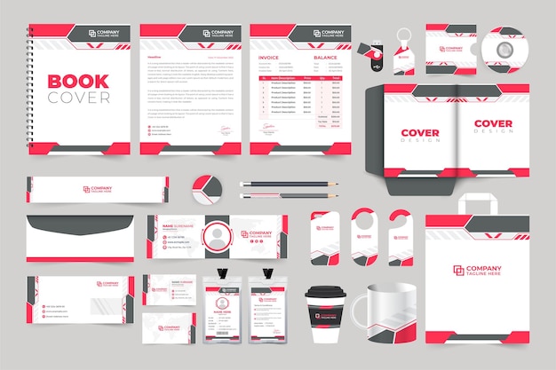 Corporate-Identity-Vorlagensammlung mit dunklen und roten Farben Business-Werbebriefpapier-Design für Marketing Firmenmarkenwerbung E-Mail-Signatur-ID-Karte und Visitenkarten-Design