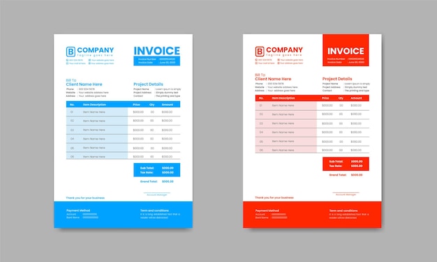 Corporate- und flat-business-rechnungsdesignvorlage mit 2 farbvariationen