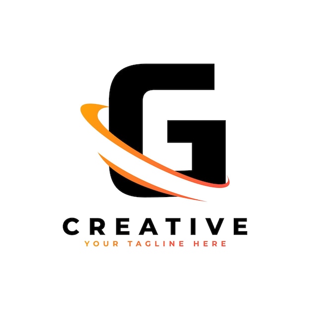 Corporation letter g logo mit kreativem, gebogenem swoosh-icon-vektorelement in schwarzer und gelber farbe