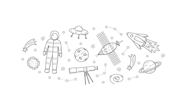 Cosmos doodle ist eine reihe von vektorillustrationen ikonen der weltraumelemente raketenkosmonaut sterne satellitenteleskop komet