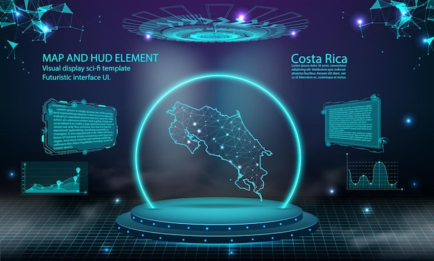 Costa Rica Karte Licht Verbindungseffekt Hintergrund abstrakt digitale Technologie UI GUI GUI futuristisches HUD Virtuelle Schnittstelle mit Costa Rica Karte Futuristisches Podium der Bühne im Nebel