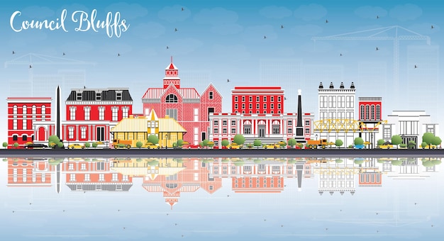 Council bluffs iowa skyline mit farbgebäuden, blauem himmel und reflexionen. vektor-illustration. geschäftsreise- und tourismusillustration mit historischer architektur.