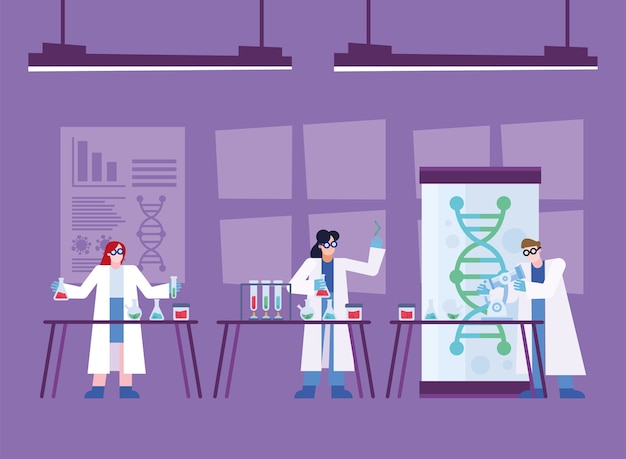 Covid 19 virus impfstoff forschung und chemische menschen an tabellen design von 2019 ncov cov und coronavirus thema vektor-illustration