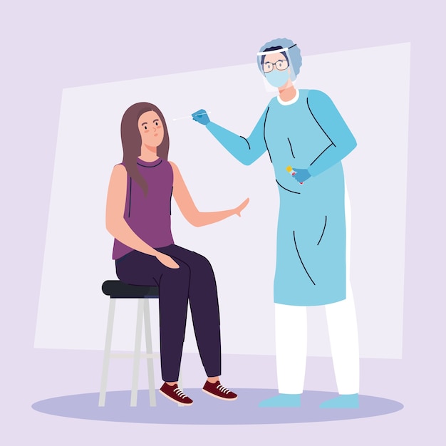 Covid 19 virus test arzt und frau auf stuhl design von ncov cov und coronavirus thema