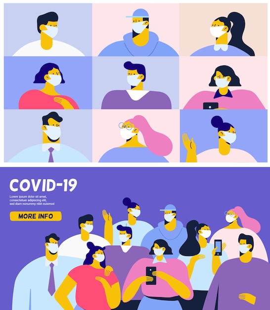 Vektor covid19 menschen mit schutzmasken coronavirus bleiben zu hause flat vector illustration