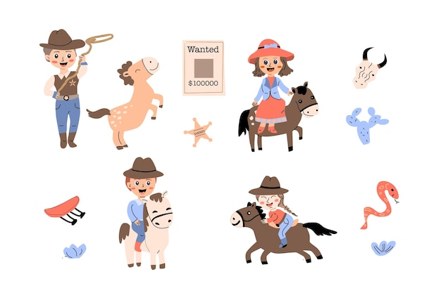 Cowboy- und cowgirl-kinderparty-banner oder poster vektorillustration im flachen cartoon-stil geeignet