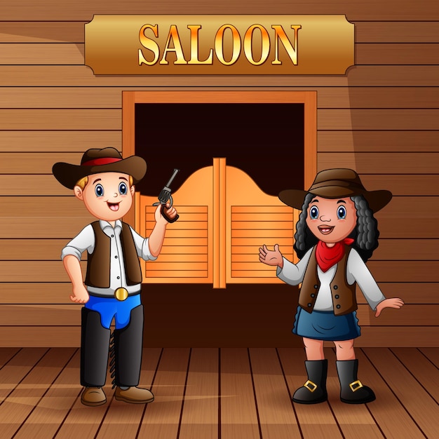 Cowboy und cowgirl stehen vor dem saloon