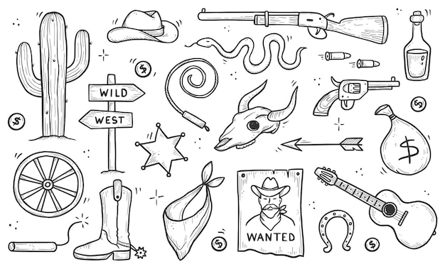 Cowboy-western-doodle-set. handgezeichnete skizze linienstil. cowboyhut, kuhschädel, gewehr, kaktuselement. wild-west-vektor-illustration.