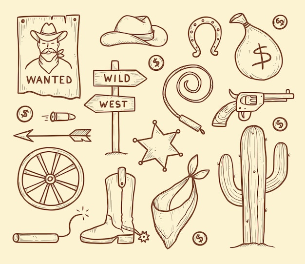 Vektor cowboy-western-doodle-set. handgezeichneter skizzenlinienstil. cowboyhut, kuhschädel, gewehr, kaktuselement. wild-west-vektor-illustration.