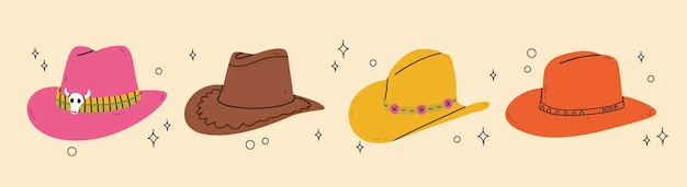 Cowboy-Western-Thema Wild-West-Konzept. Handgezeichneter bunter Vektorsatz. Differents Ranch-Hüte.