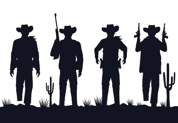 Cowboys figuren silhouetten mit waffenfiguren in der wüste