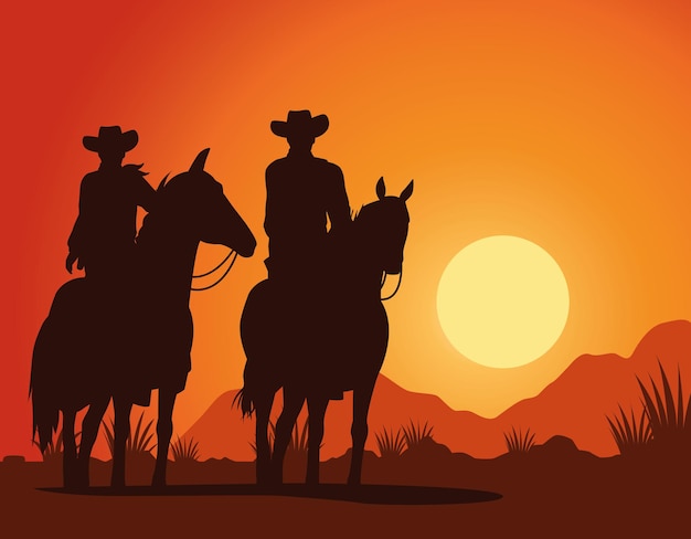 Cowboys stellt silhouetten in der sonnenuntergang-lansdscape-szene der pferdecharaktere dar