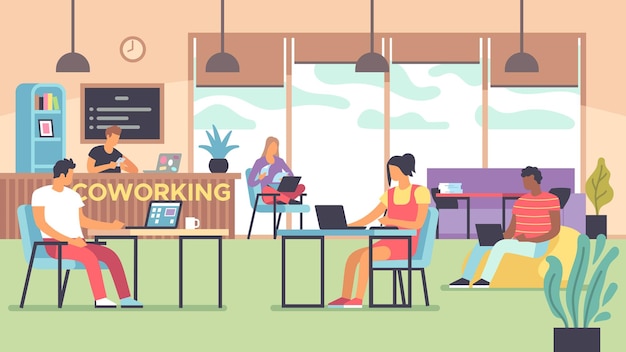 Coworking. leute, die an computern im großraumbüro sprechen und arbeiten, multinationale angestellte, arbeiter zusammen flaches vektor-freiberuflerkonzept