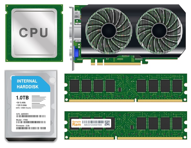 Cpu-grafikkarte-festplatten-ram auf weißem hintergrund