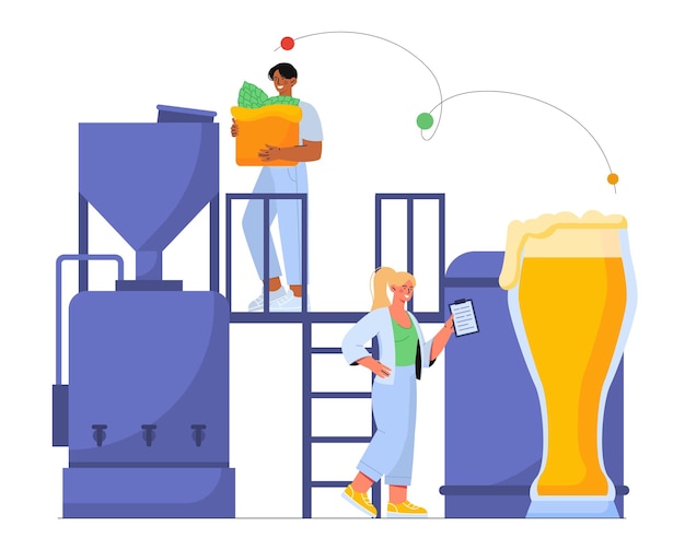 Craft-bier-produktion konzept mann und frau mit kiste hopfen und glas in der nähe von alkoholfabrik alkoholiker