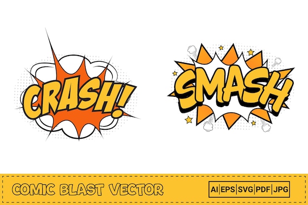 Crash-comic platzt in weißen, gelben und orangen farben. smash comic-explosion mit gelber und weißer farbe. comic-burst-explosion. crash-explosionsblase für cartoon-reden. komischer explosionsvektor.