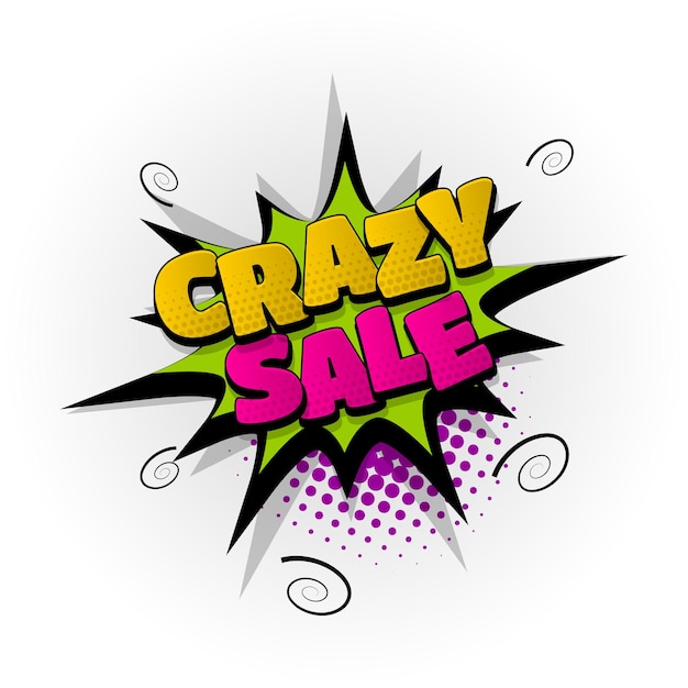 Crazy sale sound comic-texteffekte vorlage comics sprechblase halbton pop-art-stil