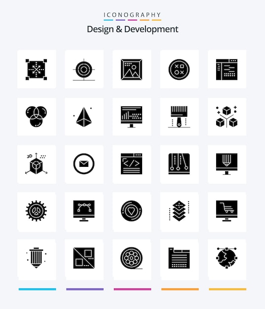 Creative Design Development 25 Glyph Solid Black Icon Pack wie ein Kreuzbild in runder Designform