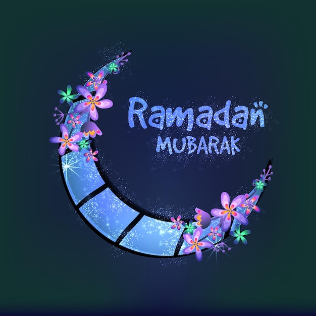 Vektor creative glowing purple moon mit schönen blumen dekoration für den heiligen monat der muslimischen gemeinschaft festival ramadan mubarak feiern