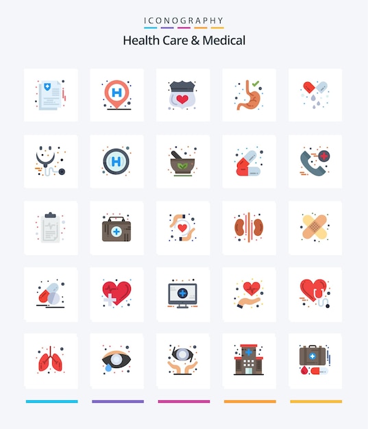 Creative health care and medical 25 flat icon pack wie pillen magenschutz gastroenterologie schild