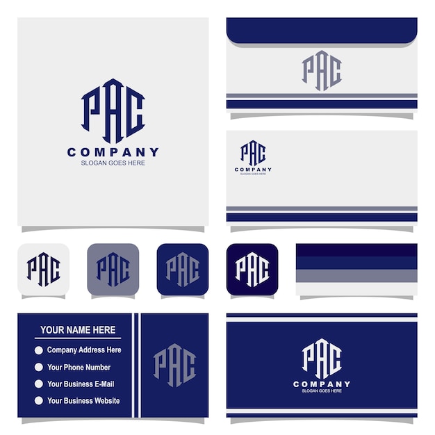 Creative letter pac-monogramm-logo-vorlage mit umschlag und visitenkarte