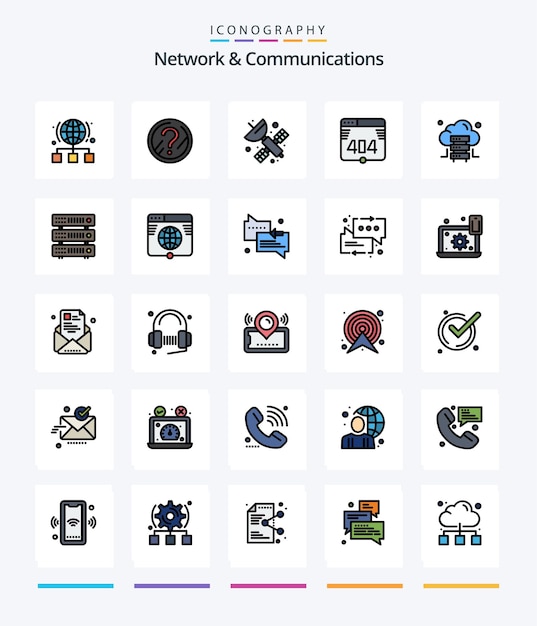 Creative Network And Communications 25 Line Filled Icon Pack, z. B. Hosting von Weblösungsfehlern