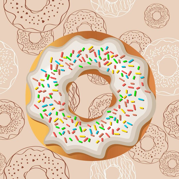 Cremefarbener Donut mit farbiger Dekoration auf beigem Hintergrund Donuts, die in realistischem Stil im Vektor zeichnen