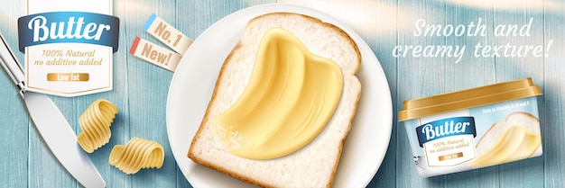 Cremige Butter-Banner-Werbung mit leckerem Toast auf blauem Holztisch, flacher Lay-Perspektive