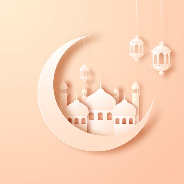 Crescent papier mond, moschee und laternen.