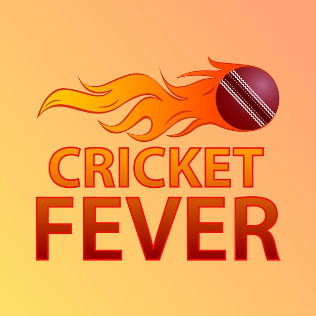 Cricket-fieber-text mit premium-vektorillustration des feuerballs