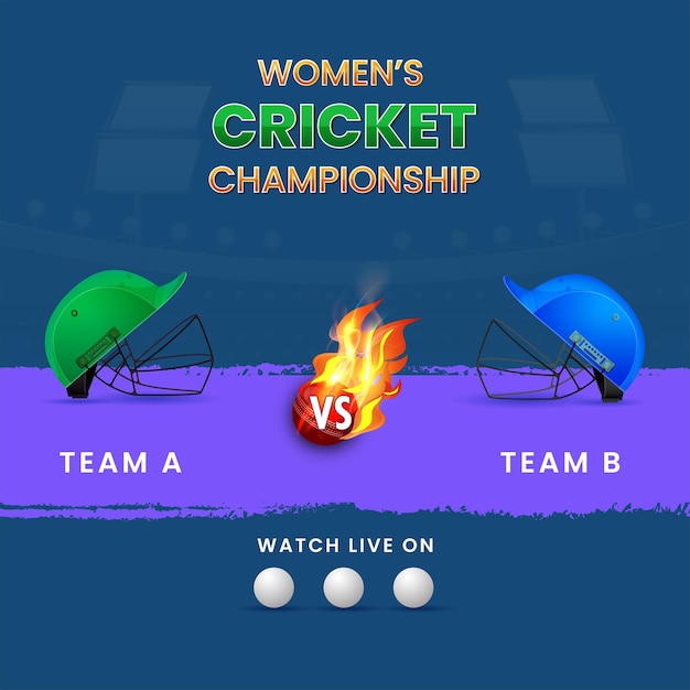 Cricket-Meisterschaftskonzept der Frauen mit Helm der teilnehmenden Länder des Teams A VS B, der Ball auf blauem und violettem Bürsteneffekthintergrund abfeuert