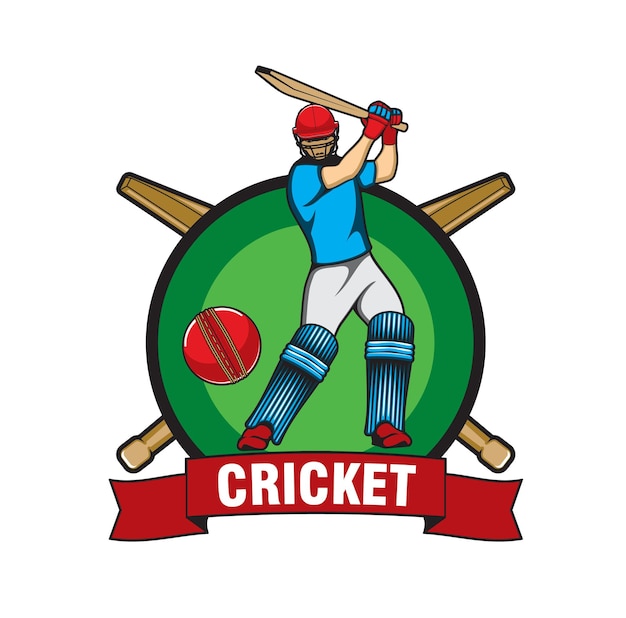 Cricket-spielsymbol mit schlagmann und ball. cricket-sportteam, profiliga-clubmeisterschaft, spielturnier oder trainingsschulvektoremblem, abzeichen oder etikett mit schlagballspieler