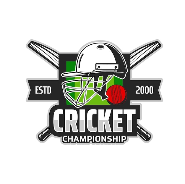 Cricket-sportikone mit spielerschutzhelm, zwei gekreuzten schlägern und ball, cricketplatz oder stadion. cricket-team-meisterschaft, spielturnier-vektor-label, retro-emblem mit spielausrüstung