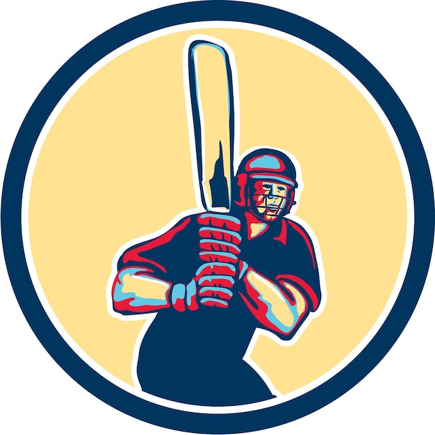 Vektor cricketspieler, schlagmann, kreis, retro