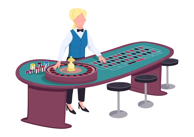 Croupier flache Farbe gesichtslosen Charakter. Händlerin in der Nähe von Roulette-Tisch. Person bereit, Rad zu drehen und Wetten anzunehmen. Frau in Uniform hinter Glücksspielzähler isolierte Karikaturillustration