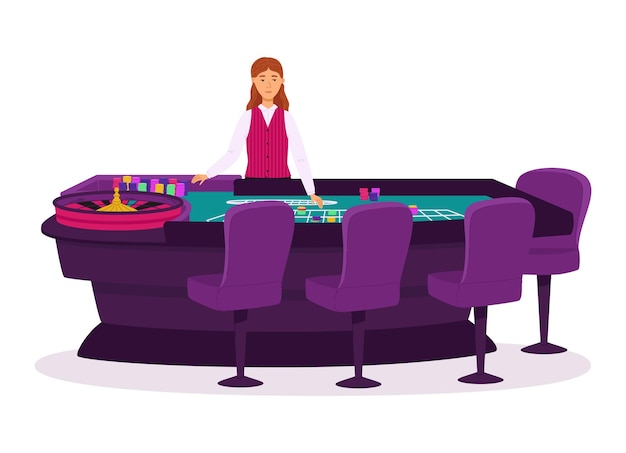 Croupier in einem Casino an einem Roulette-Tisch Vektor-Illustration Flache Illustration der Menschen-Zeichen für Design-Casino-Websites