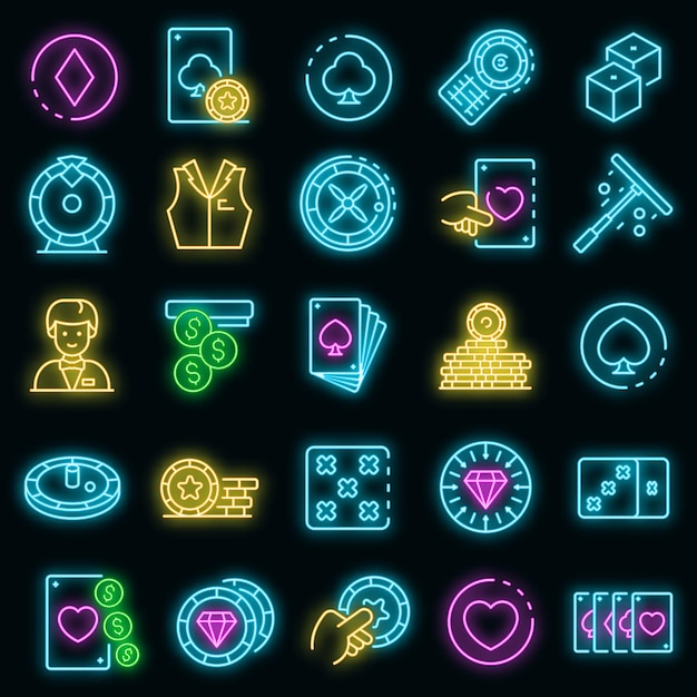 Croupier-Symbole gesetzt. Umrisse von Croupier-Vektorsymbolen Neonfarbe auf Schwarz