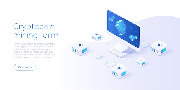 Cryptocoin mining farm layout. kryptowährung und blockchain-netzwerkgeschäft isometrisch. hintergrund des kryptowährungsumtauschs oder des transaktionsprozesses.